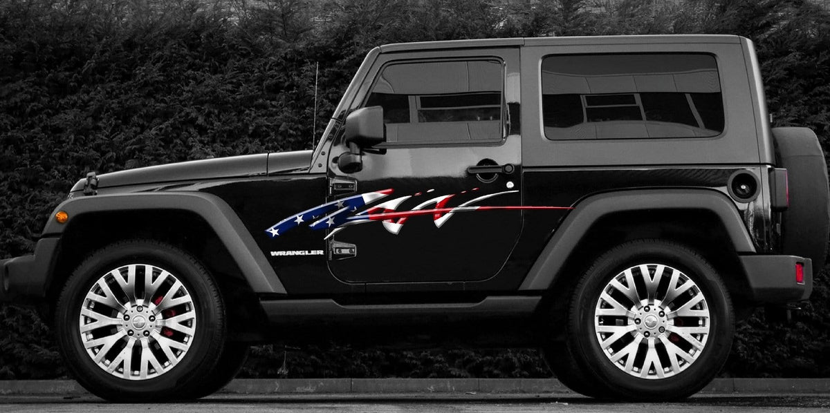 american flag graphic stripes on black jeep wrangler